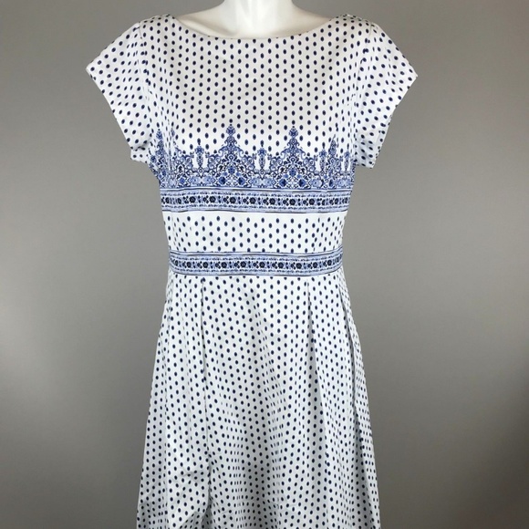 eshakti Dresses & Skirts - eShakti White Blue Print Polka Dot Dress L